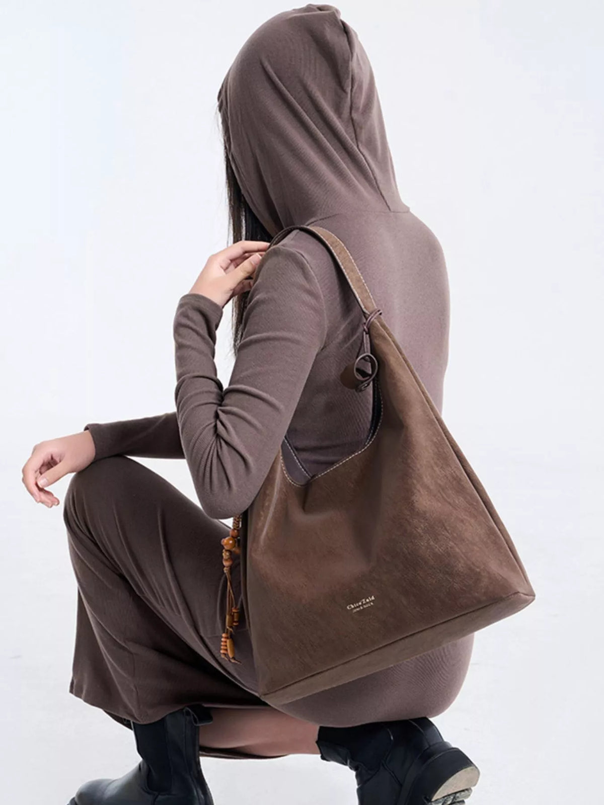 Suede Hobo Shoulder Bag with Decorative Tassel in Brown, view 3