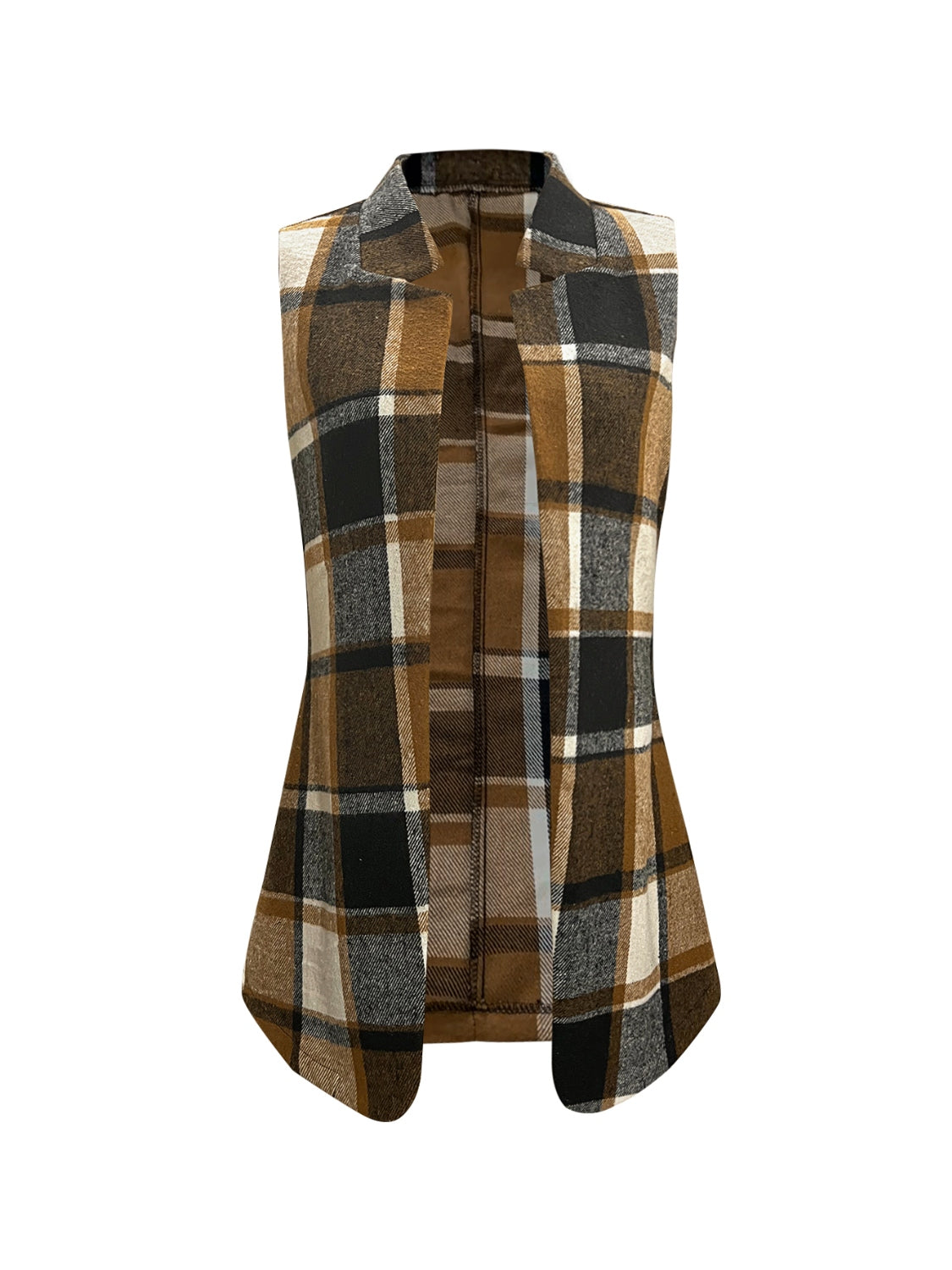 Plaid Open Front Collared Neck Vest in Camel, view 2