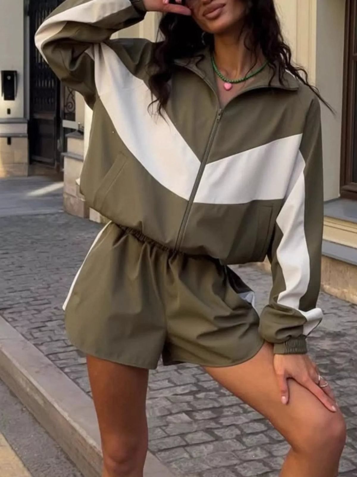 Color-Block Zip-Up Jacket and Shorts Set - Lilixa.store