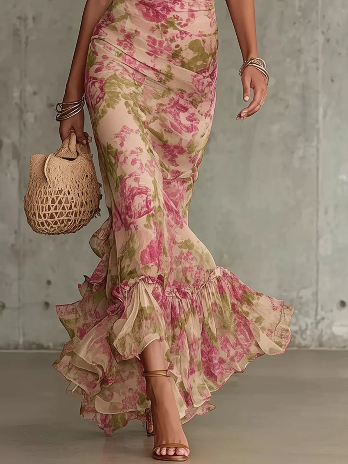 Floral Print High-Neck Puff Sleeve Ruffle Hem Maxi Dress
