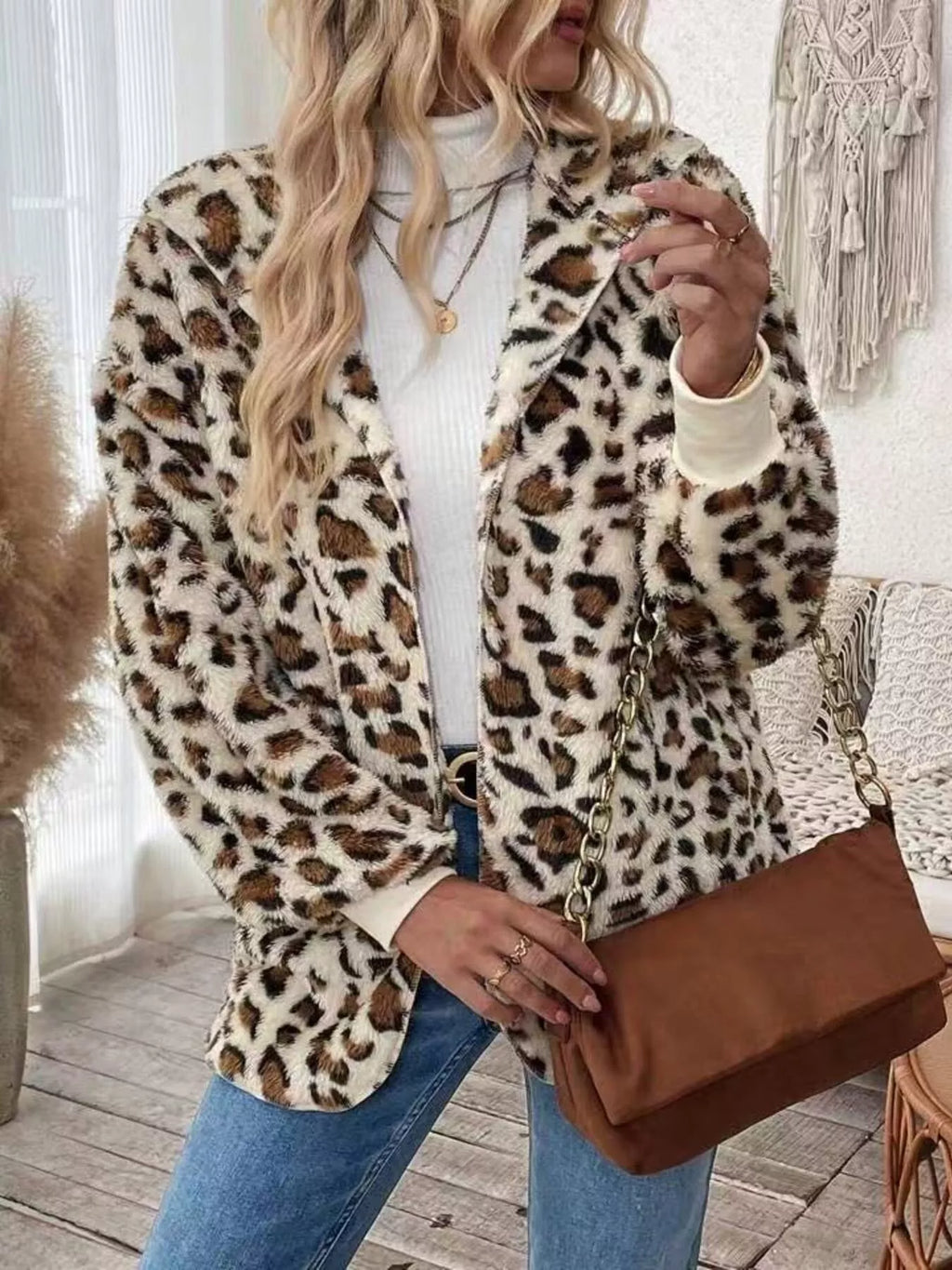 Leopard Print Fuzzy Zip Up Outerwear - Lilixa.store
