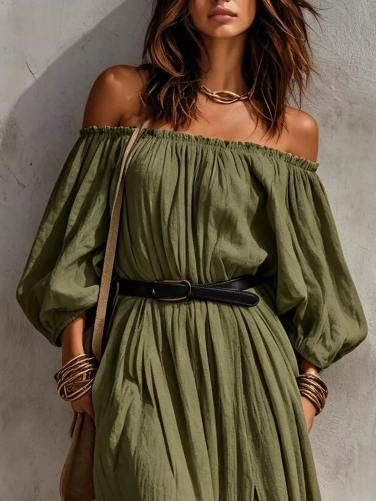 Boho Off-Shoulder Maxi Dress with Side Slit