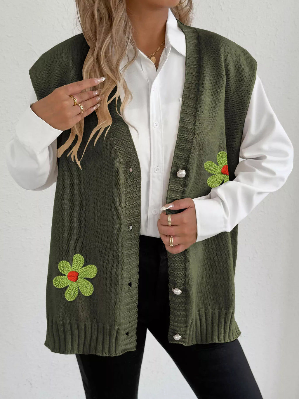 Flower V-Neck Sleeveless Cardigan - Lilixa.store