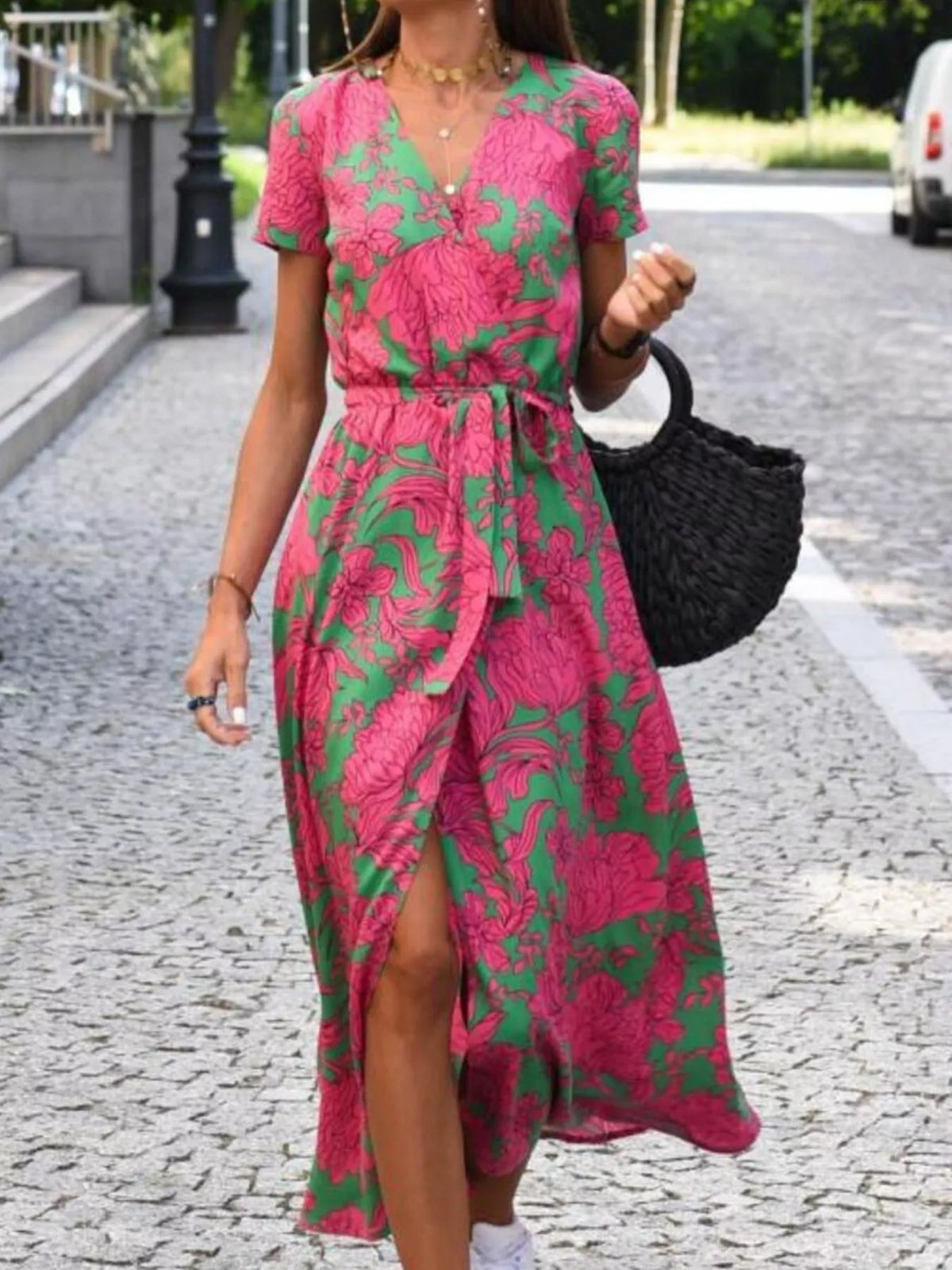 Full Size Slit Floral Print Short Sleeve Dress Plus Size - Lilixa.store