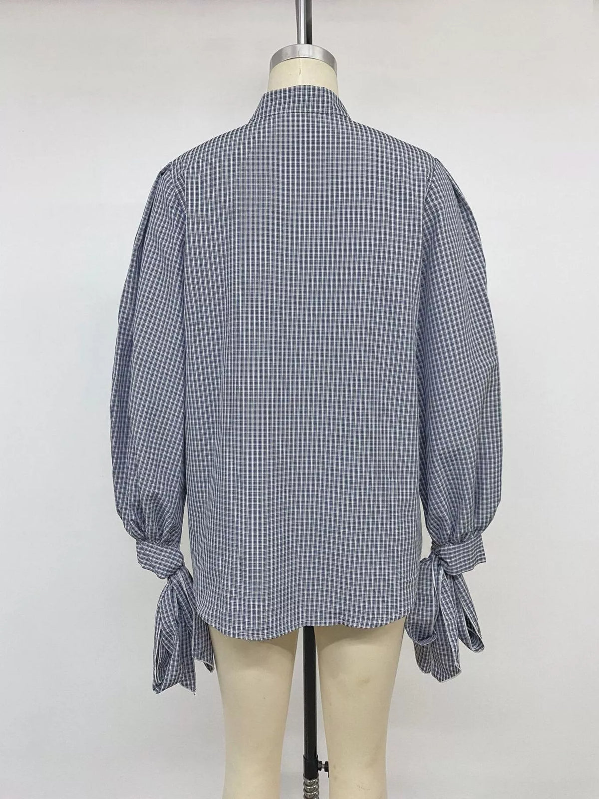 Gingham Button Up Shirt with Tie-Sleeve Detail in Navy, view 16