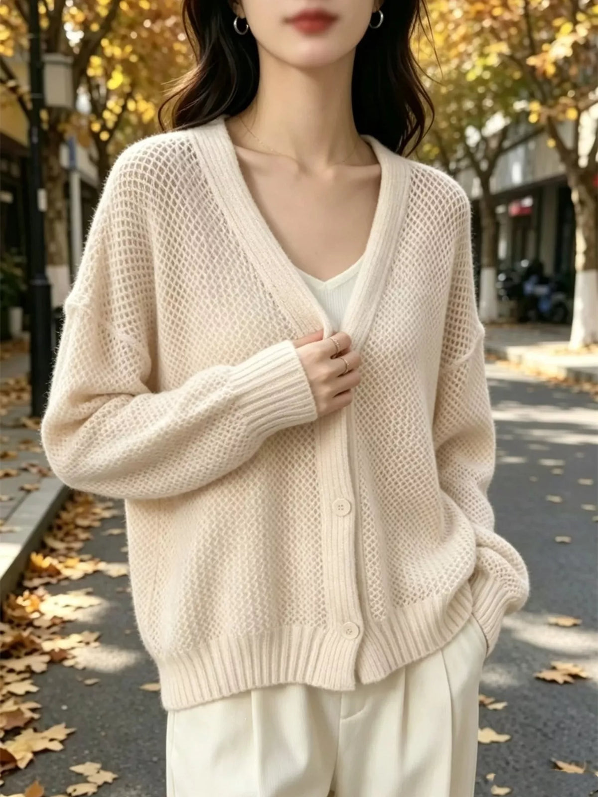 V-Neck Open-Knit Button-Down Cardigan - Lilixa.store