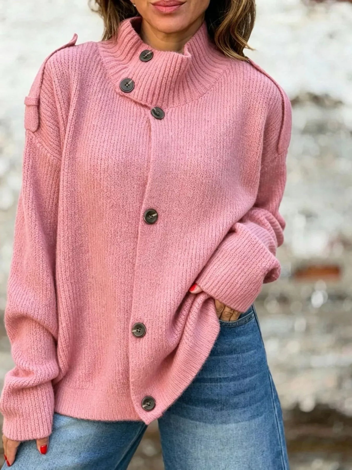 Full Size Button-Up Mock Neck Cardigan Plus Size - Lilixa.store