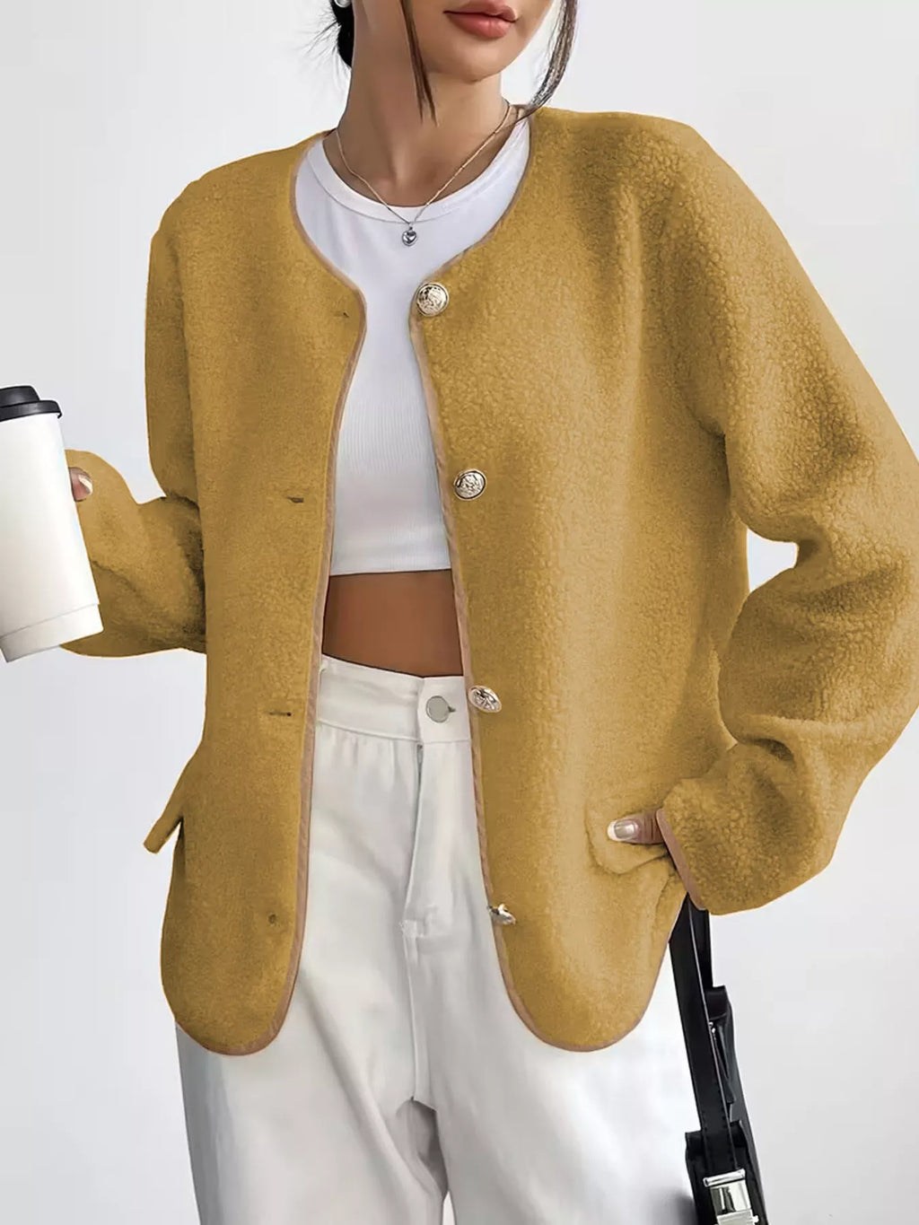 Full Size Textured Button-Up Fleece Outerwear Plus Size - Lilixa.store