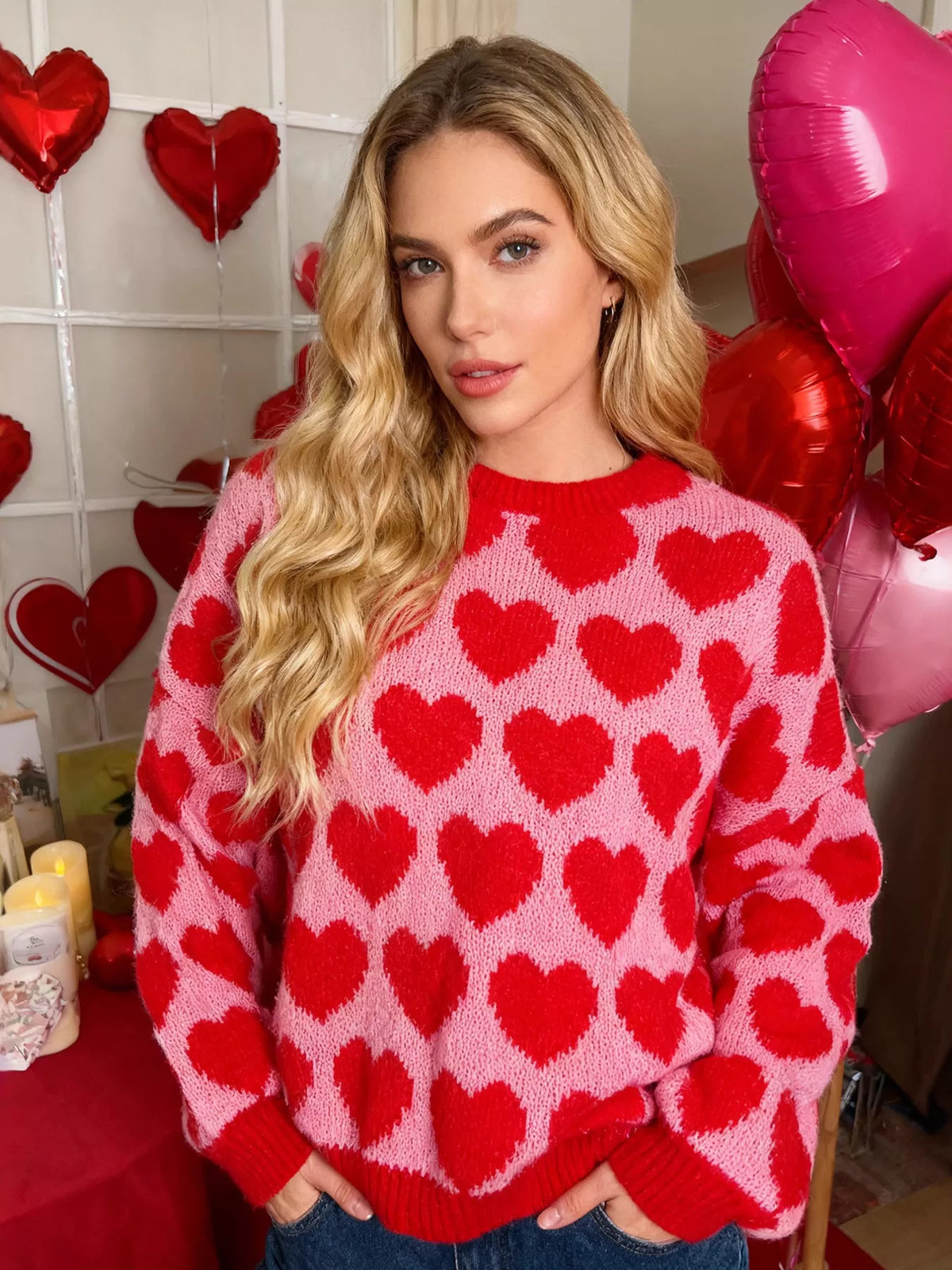 Heart Pattern Dropped Shoulder Sweater in Red