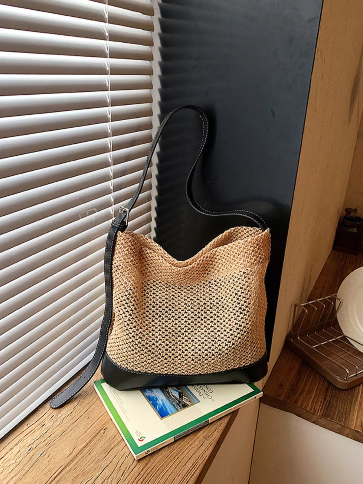 Leather Trim Woven Shoulder Bag
