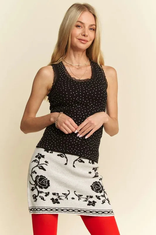 Davi & Dani Rhinestone Lace Trim Detail Tank - Lilixa.store
