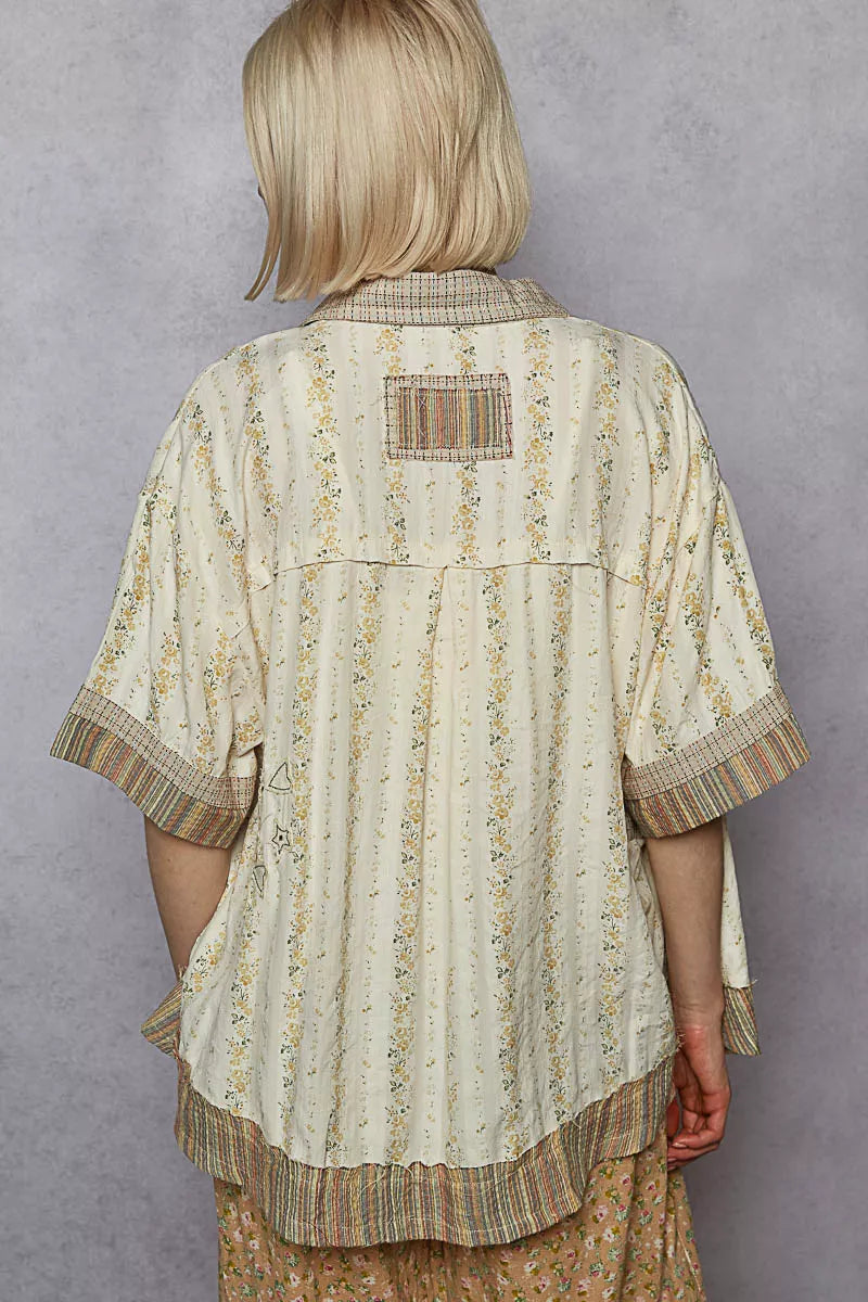 POL Printed Button Down Patchwork Short Sleeve Shirt in Cream Multi, view 5