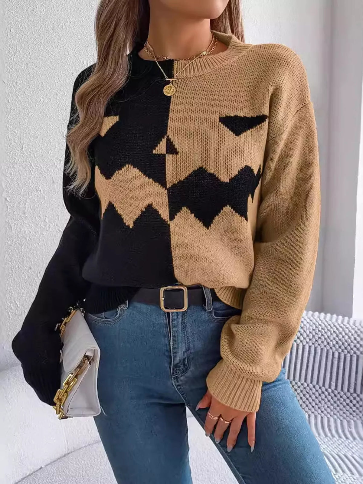Pumpkin Face Graphic Two Tone Sweater