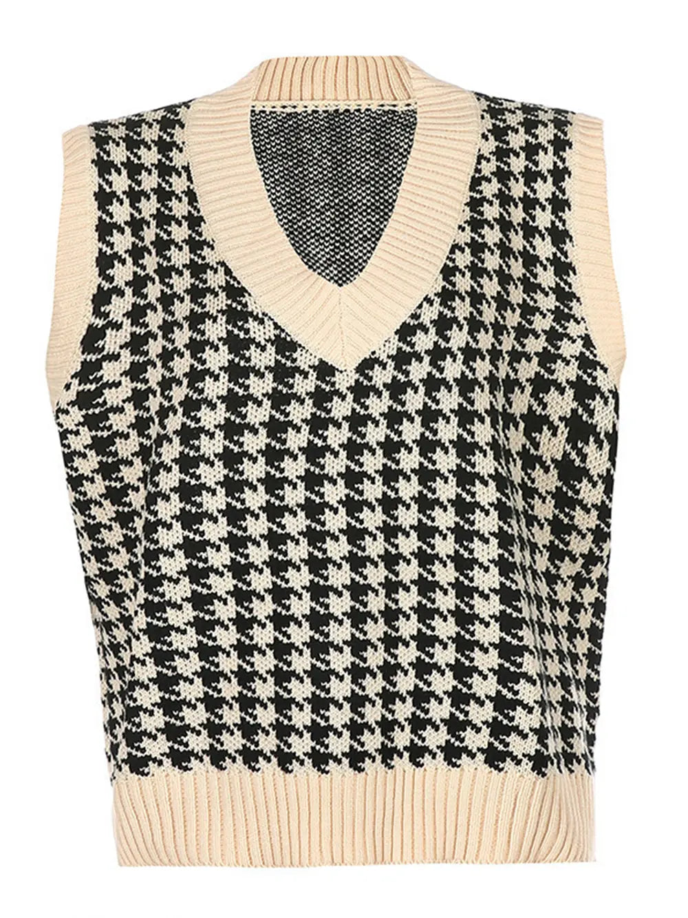Houndstooth V-Neck Sweater Vest in Beige