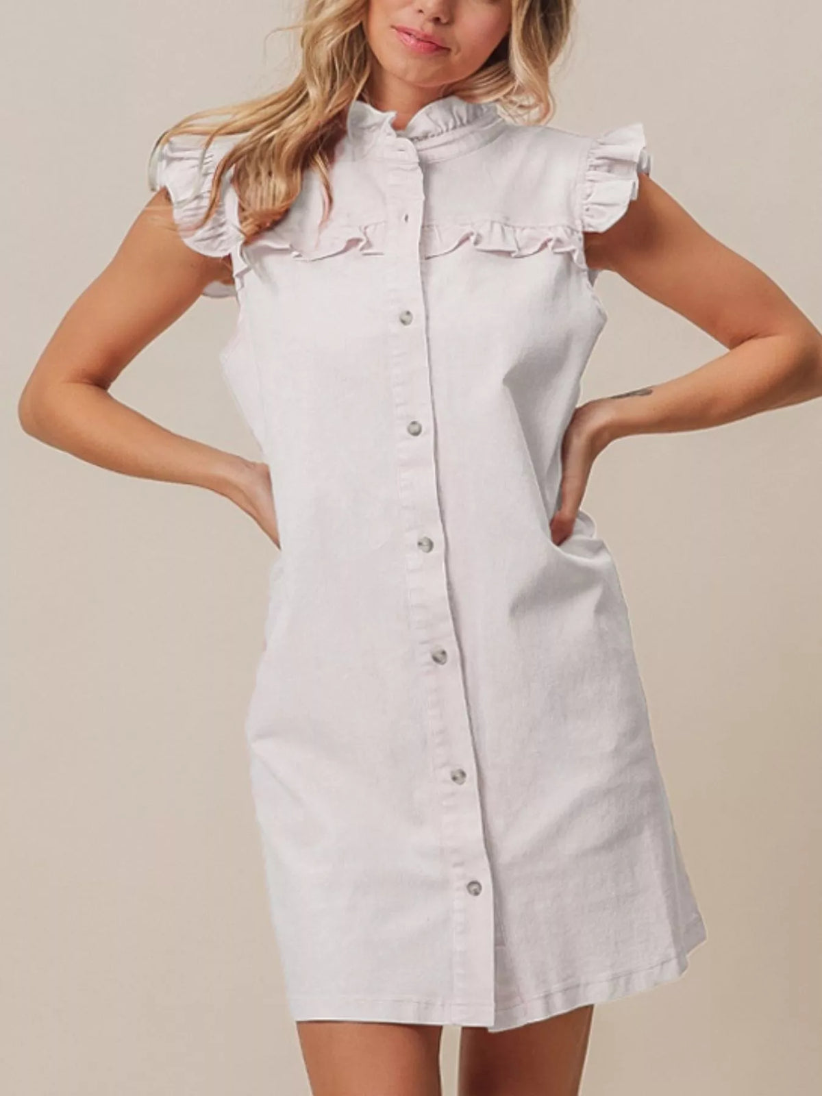 Ruffled Trim Button-Down Denim Dress - Lilixa.store