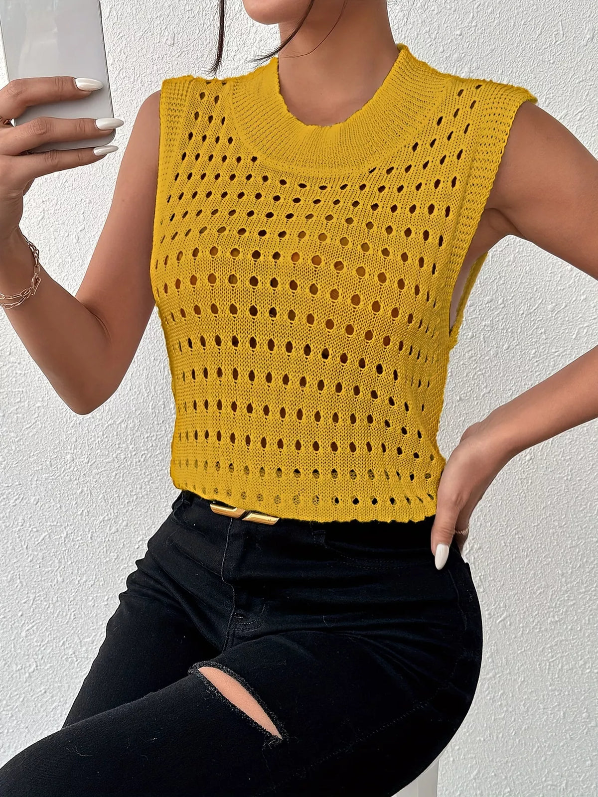 Hollow Out Round Neck Knit Tank, view 9
