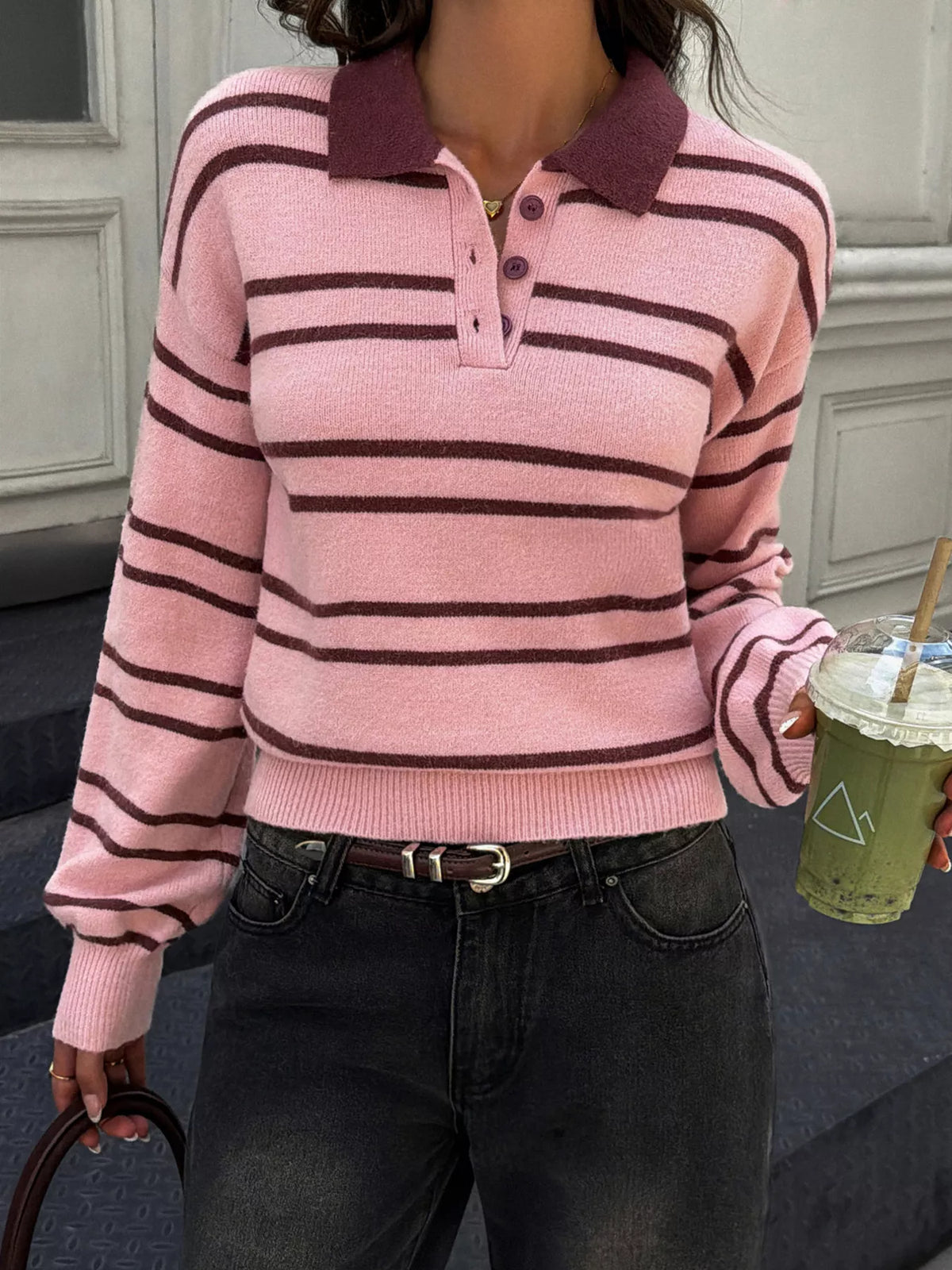 Striped Polo Collar Dropped Shoulder Sweater - Lilixa.store