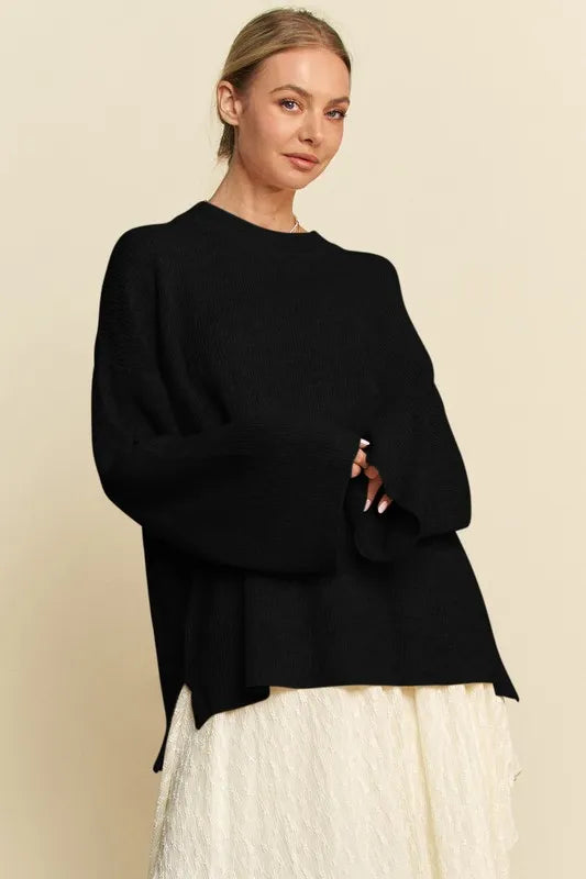 Davi & Dani High-Low Round Neck Drop Shoulder Sweater - Lilixa.store