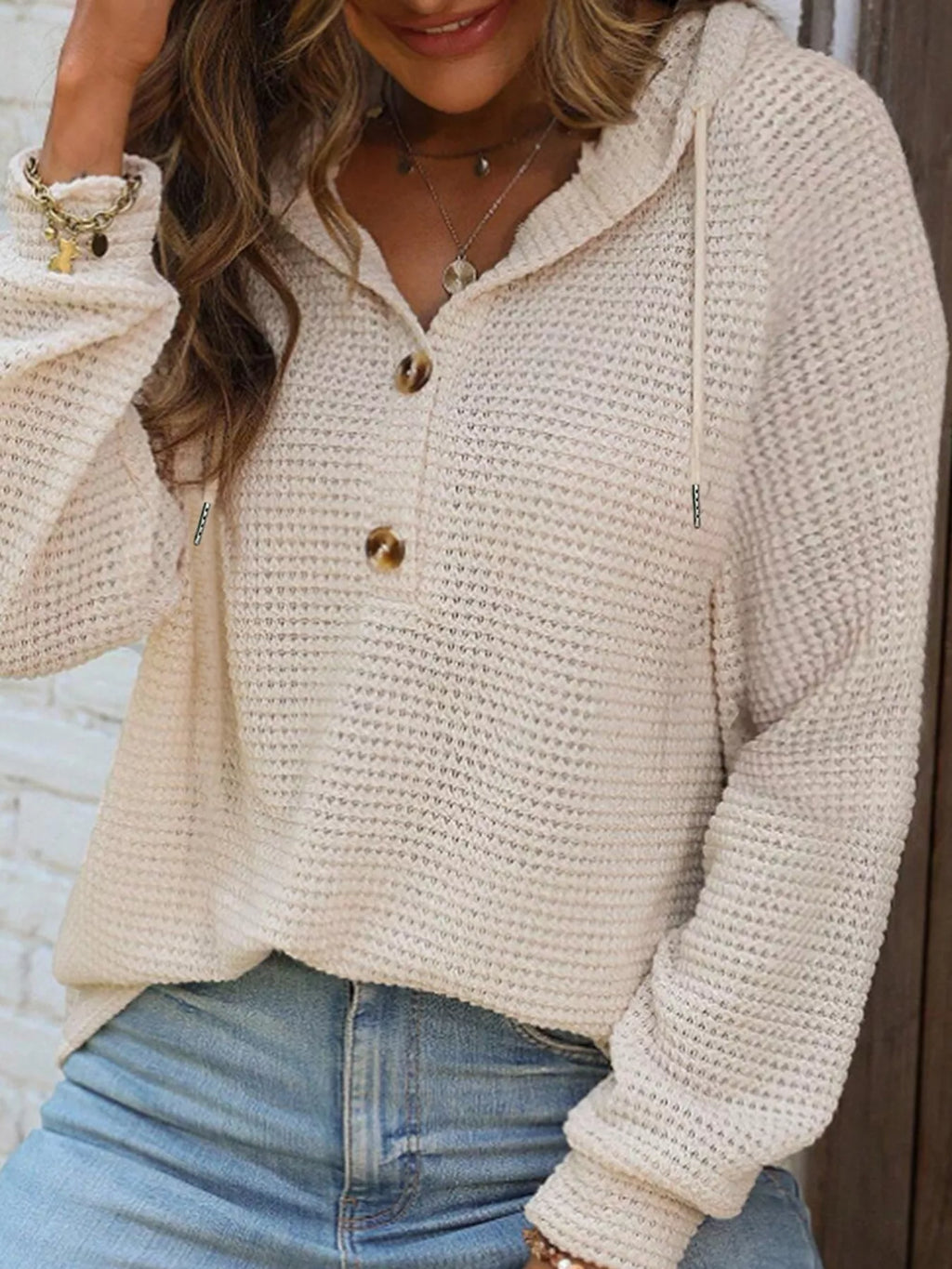 Casual Waffle Knit Button Detail Hoodie - Lilixa.store