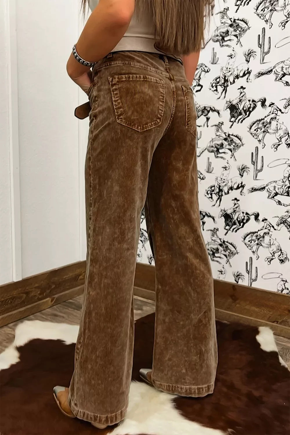 Straight Leg Corduroy Metal Button Zip-up Pants