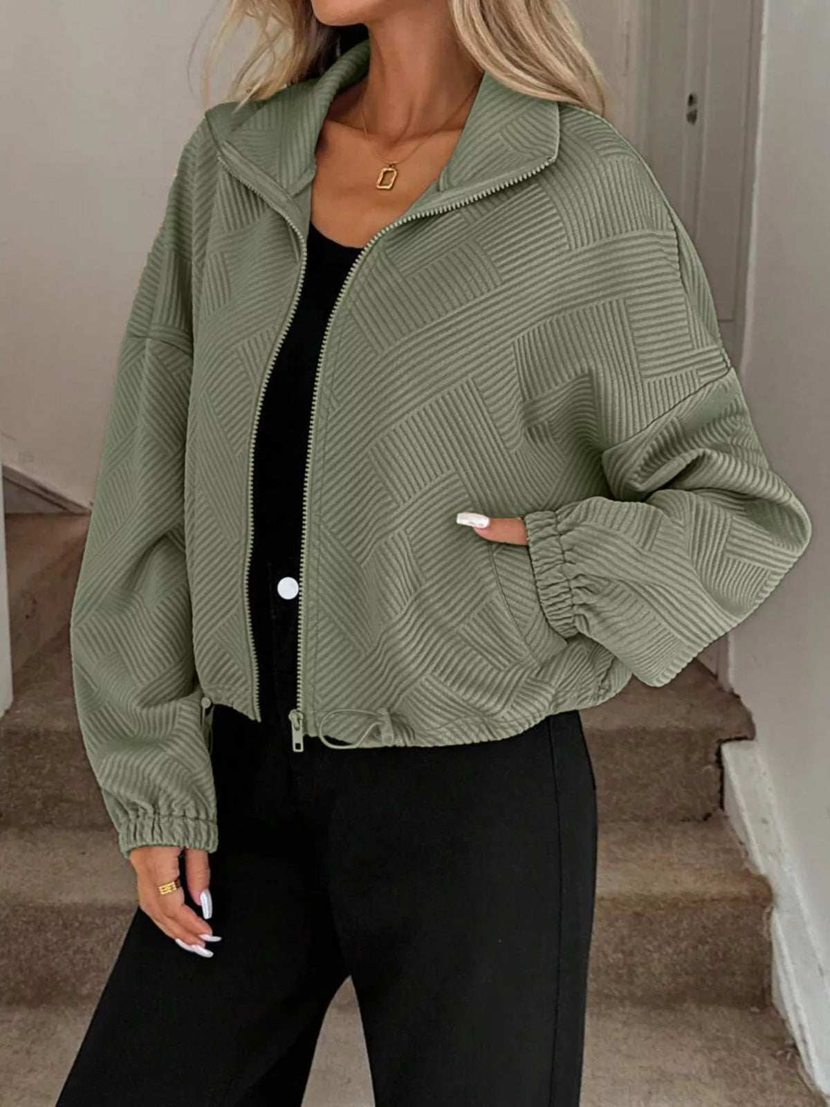 Drawstring Hem Textured Long Sleeve Jacket, view 13