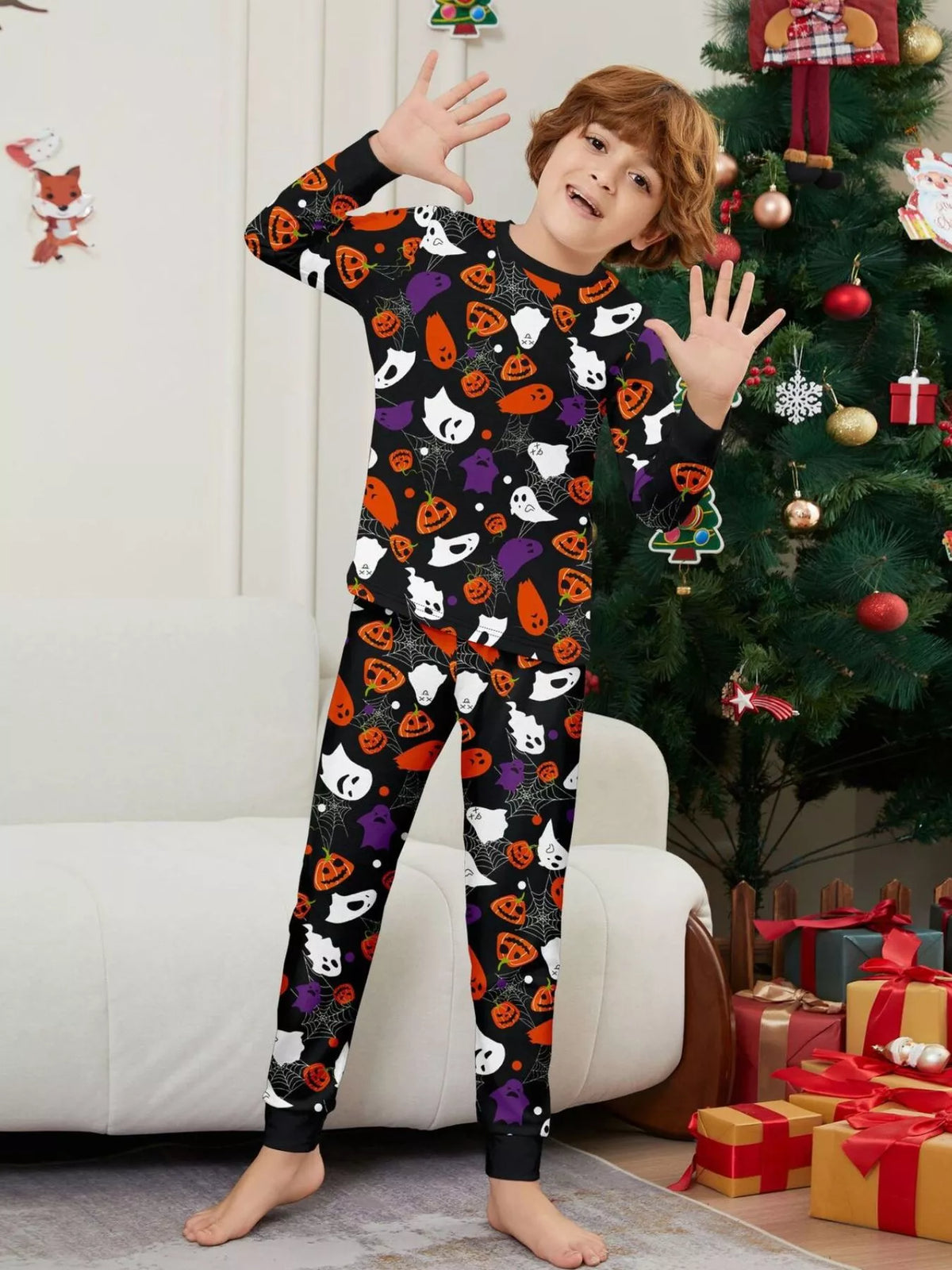 Full Size Halloween Themed Family Matching Pajama Set with Ghost and Pumpkin Print Plus Size
