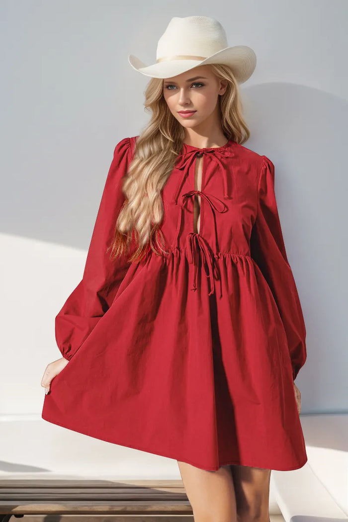 Double Take Christmas Front Tied Long Sleeve Mini Dress - Lilixa.store