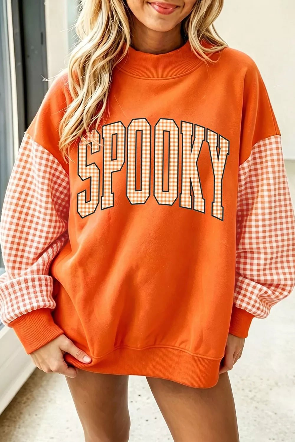 Plaid Contrast Sleeve SPOOKY Letter Graphic Sweatshirt - Lilixa.store