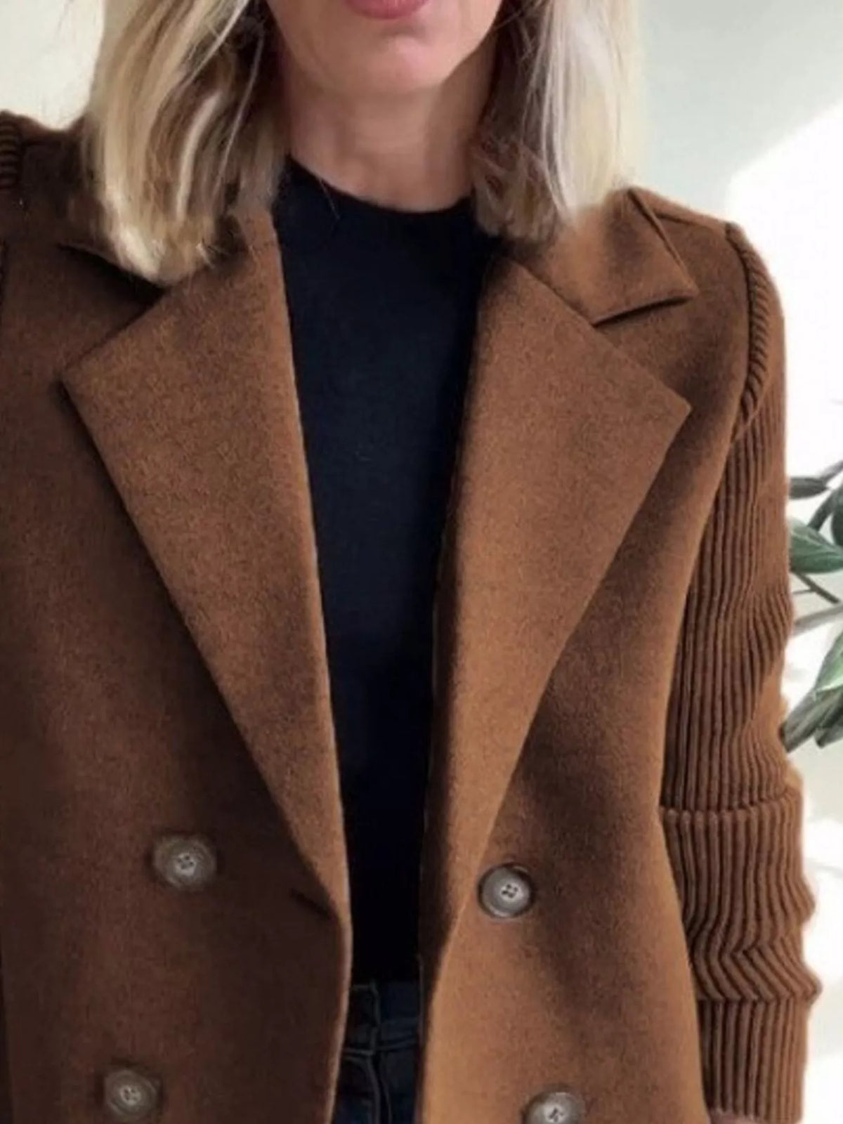 Full Size Knitted Sleeve Wool Blend Double-Breasted Blazer Plus Size - Lilixa.store