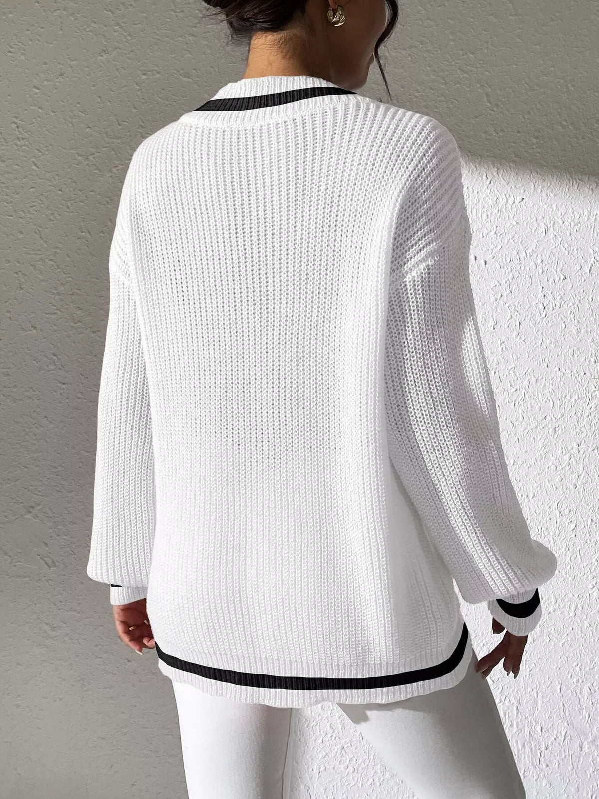 V-Neck Contrast Trim Sweater with Pearl Decor, view 9