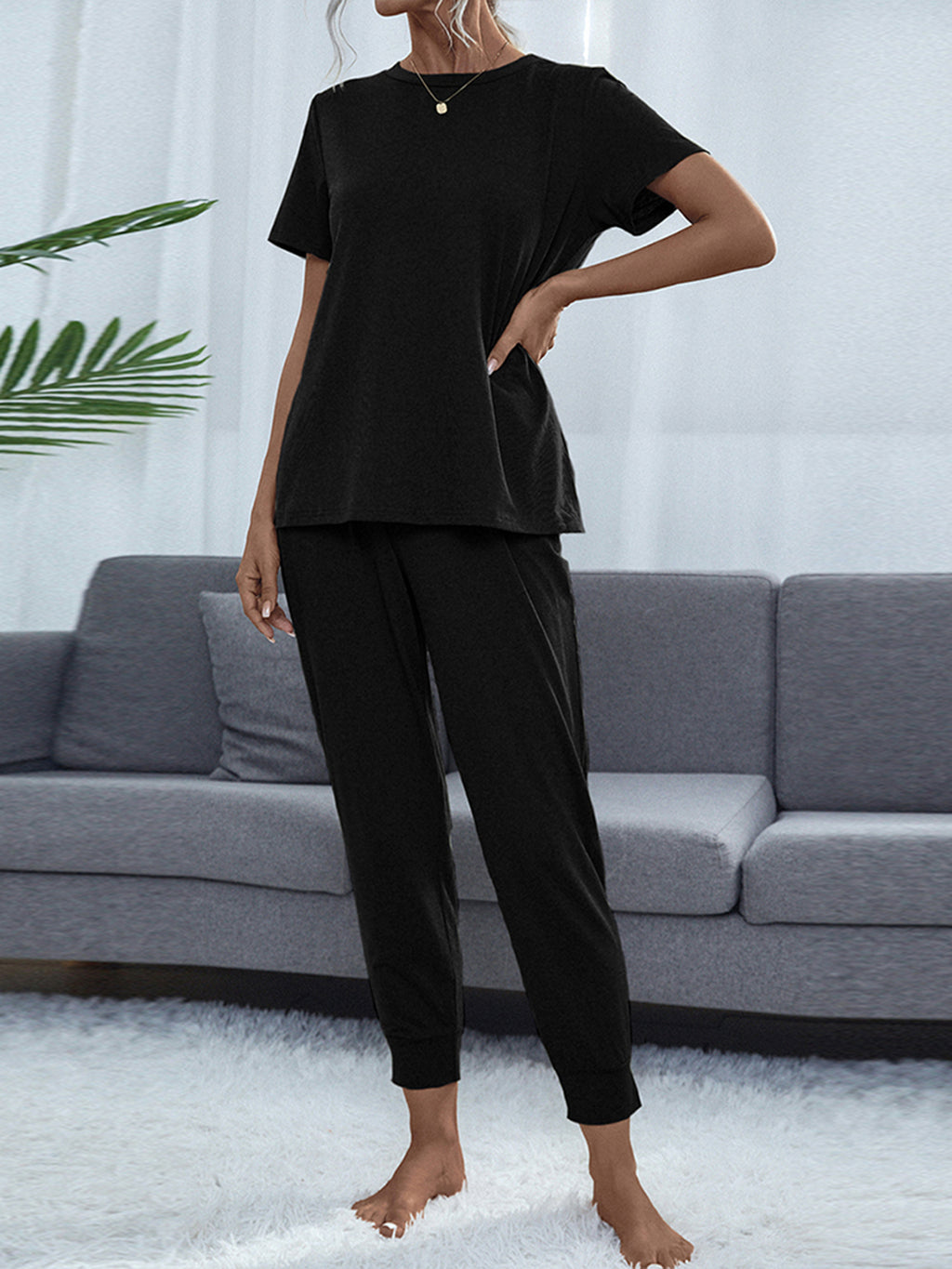 Shiny Round Neck Short Sleeve Top and Pants Set - Lilixa.store
