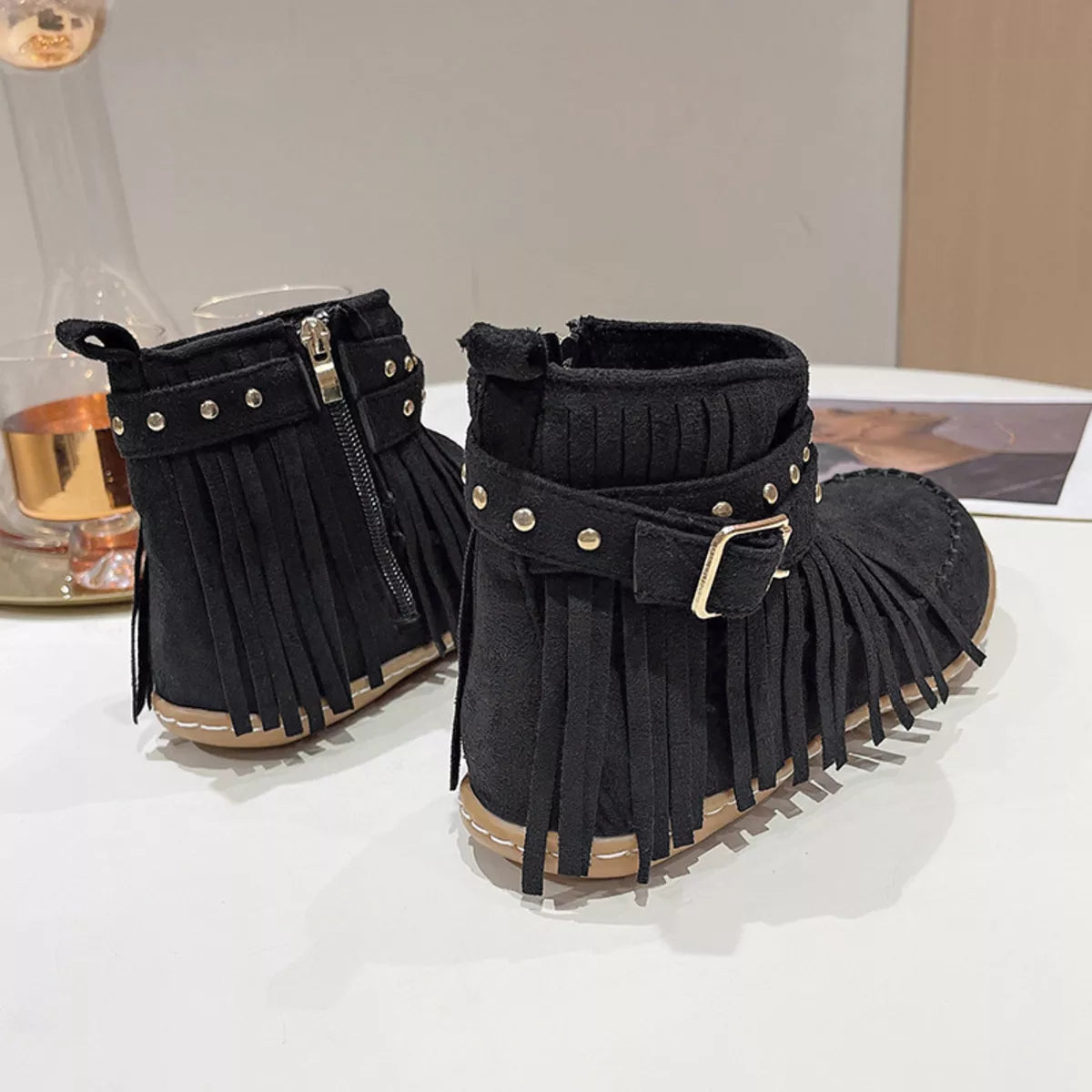 Fringe Round Toe Flats Boots - Lilixa.store