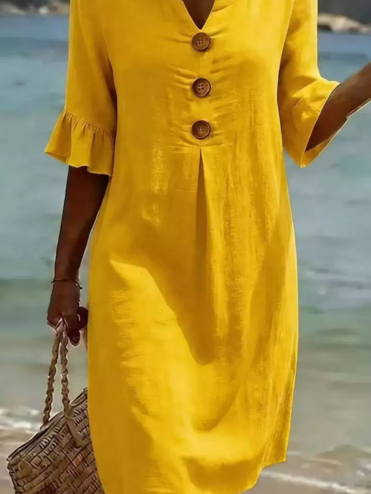 Full Size Decorative Button Ruffle Half Sleeve Dress Plus Size - Lilixa.store