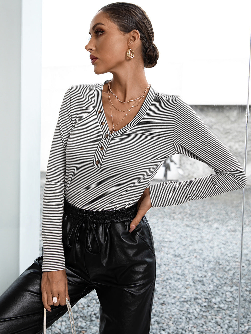 Ivy Lane Striped Buttoned V-Neck Long Sleeve Top in Dark Gray
