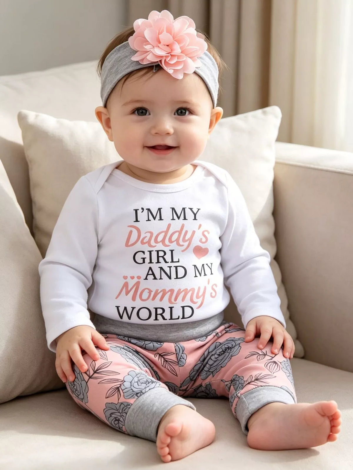 Children's Letter Graphic Bodysuit and Floral Pants Set with Headband and Hat in White