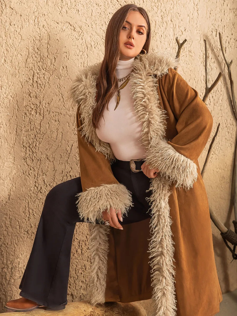 Plus Size Furry Trim Open Front Long Sleeve Coat in Caramel, view 7