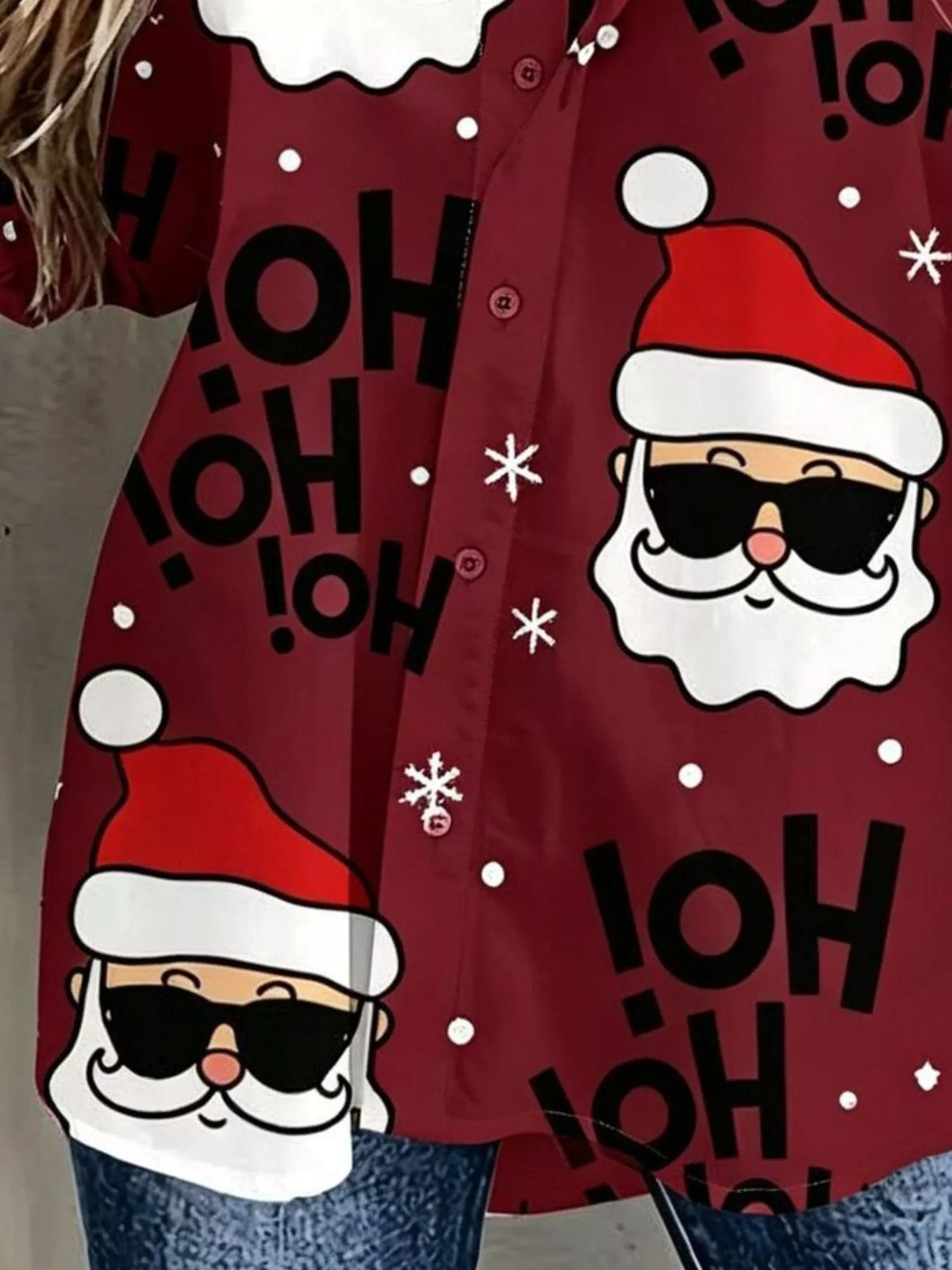 Full Size Christmas Santa Claus Print Button-Down Shirt Plus Size in Burgundy