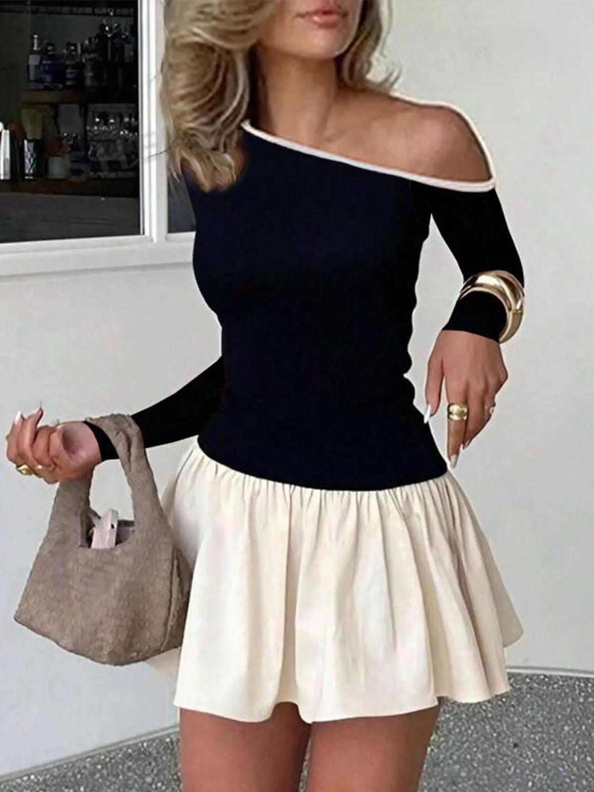 Contrast Trim One Shoulder Top - Lilixa.store