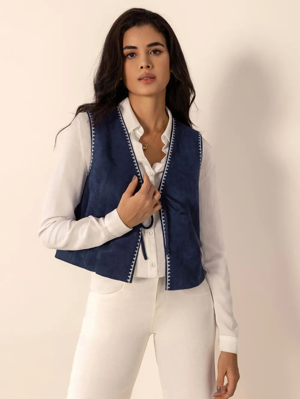 Tied Contrast Trim Vest - Lilixa.store
