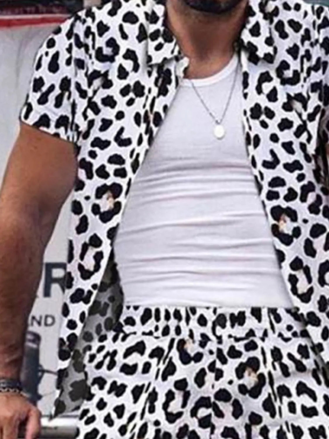 Men's Full Size Leopard Button Up Shirt and Shorts Set Plus Size, view 2