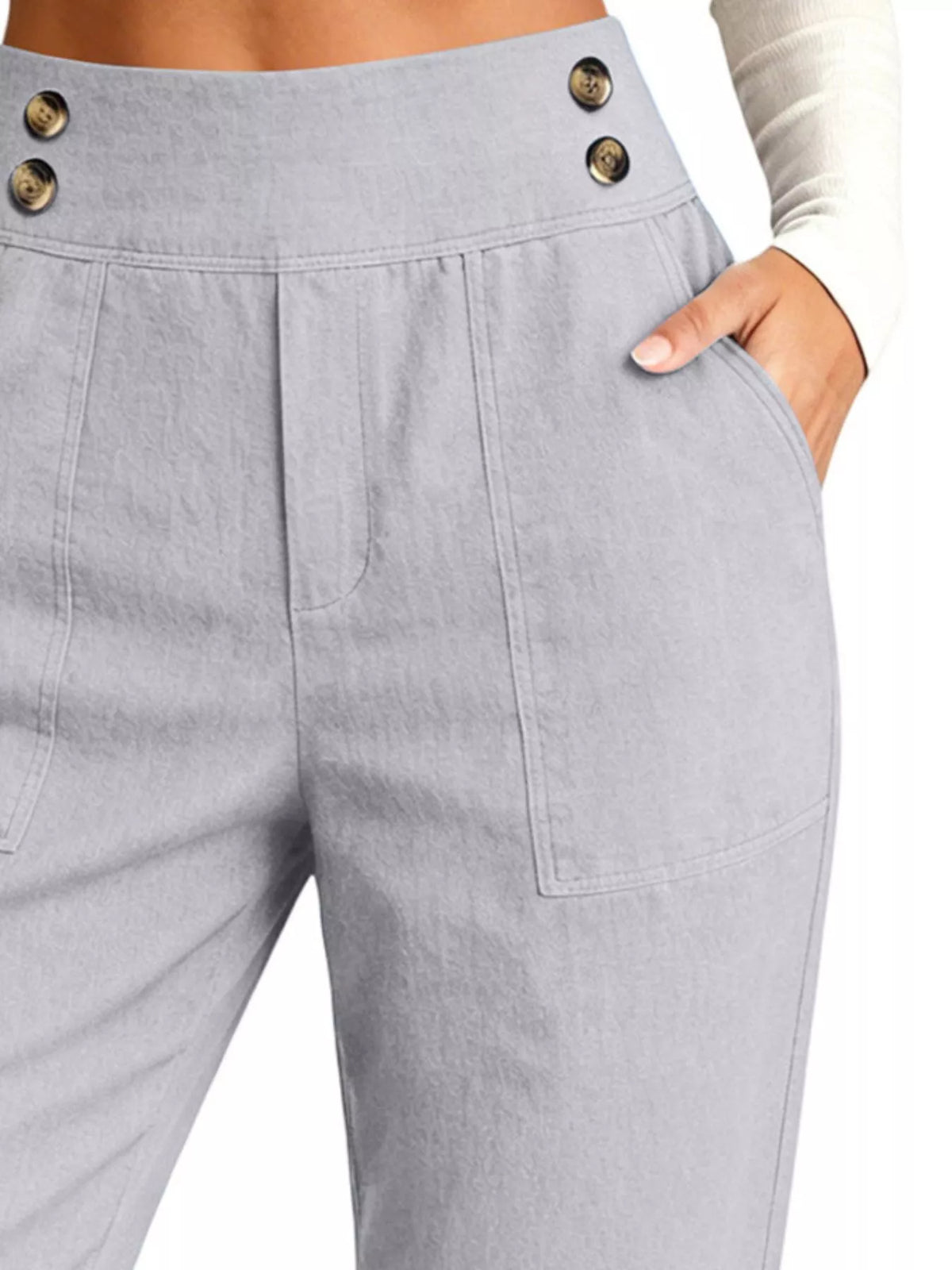 Full Size High-Waisted Button-Detail Cropped Pants Plus Size, view 2