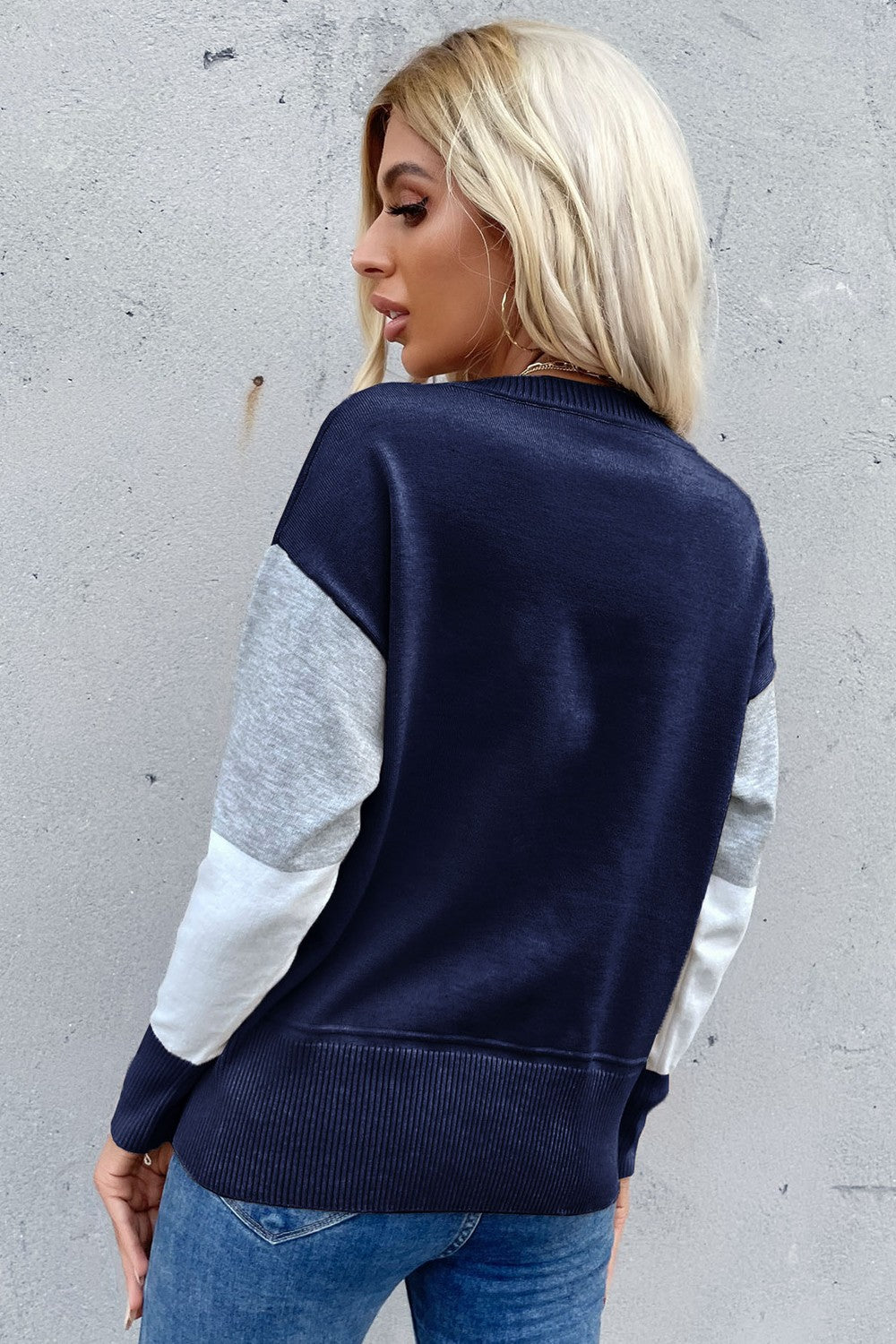 Perfee Color Block Ribbed Trim Round Neck Knit Pullover - Lilixa.store