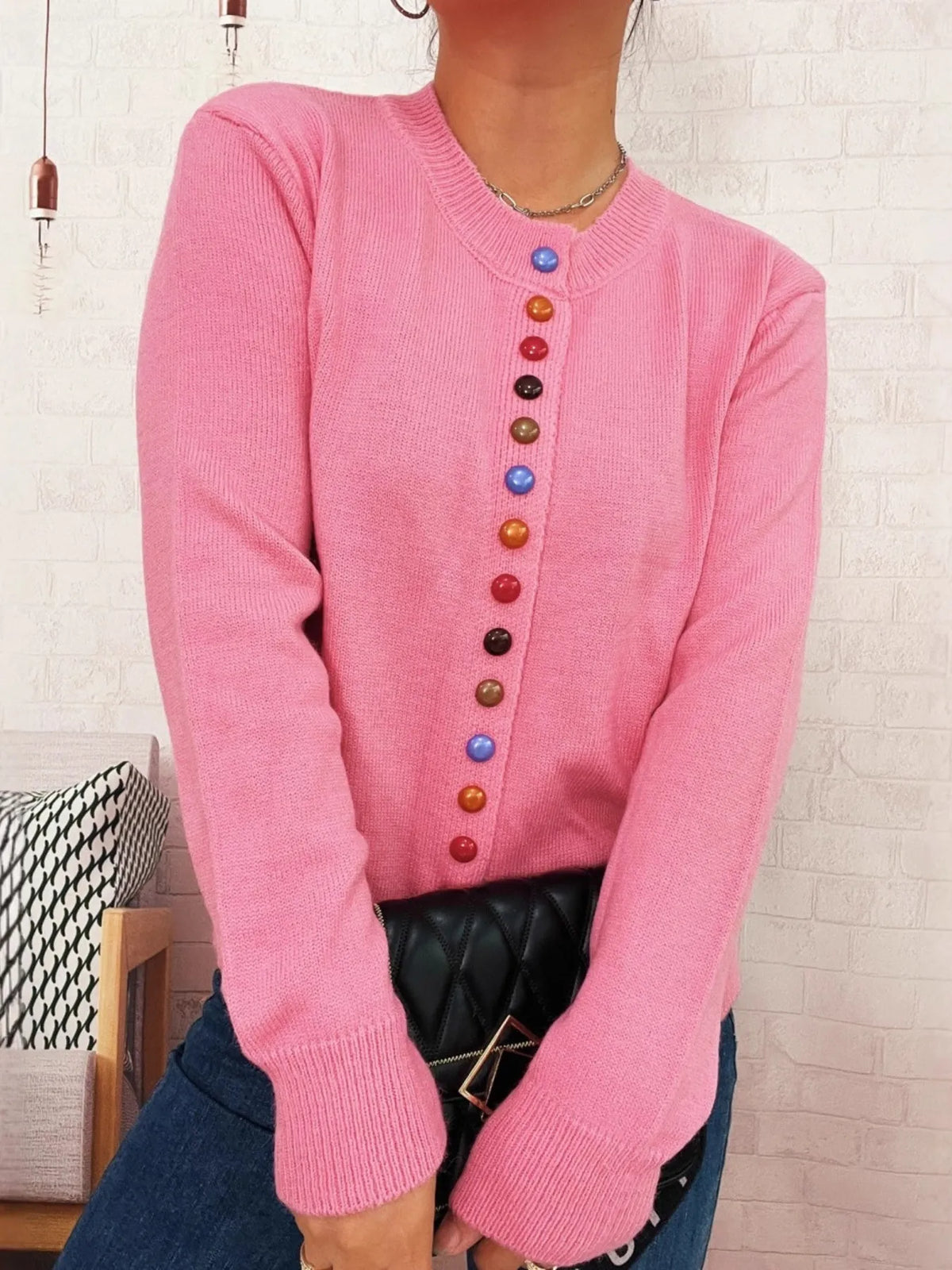 Button-Front Cardigan with Colorful Detail Buttons - Lilixa.store