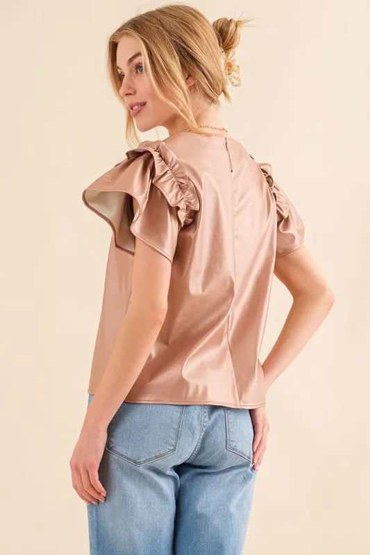 And The Why Faux Leather Ruffle Sleeves V Neck Top - Lilixa.store