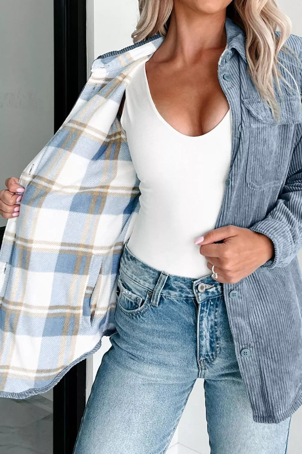 Corduroy Plaid Button-Up Shacket in Dusty Blue, view 6