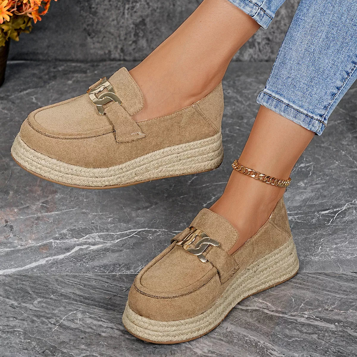 Round Toe Platform Slip-Ons in Apricot