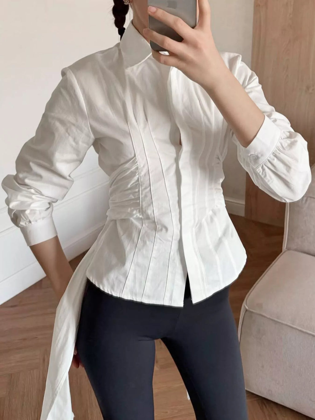 Slim-Fit Ruched Waist Shirt - Lilixa.store