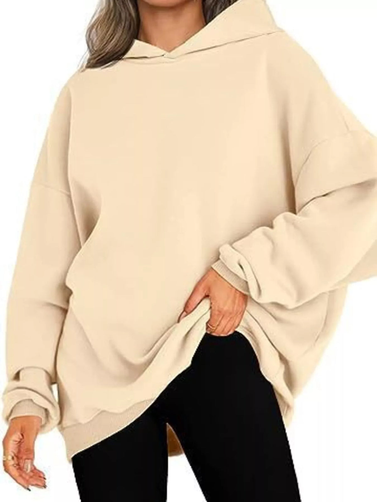 Drop Shoulder Long Sleeve Hoodie in Apricot