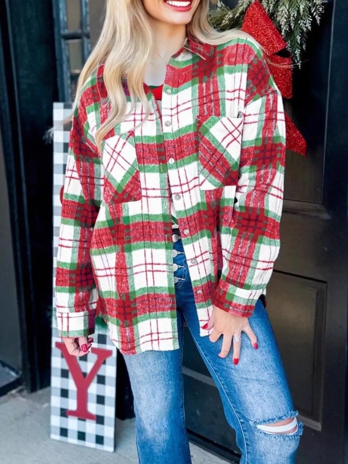 Plaid Button-Down Long Sleeve Shacket in Red