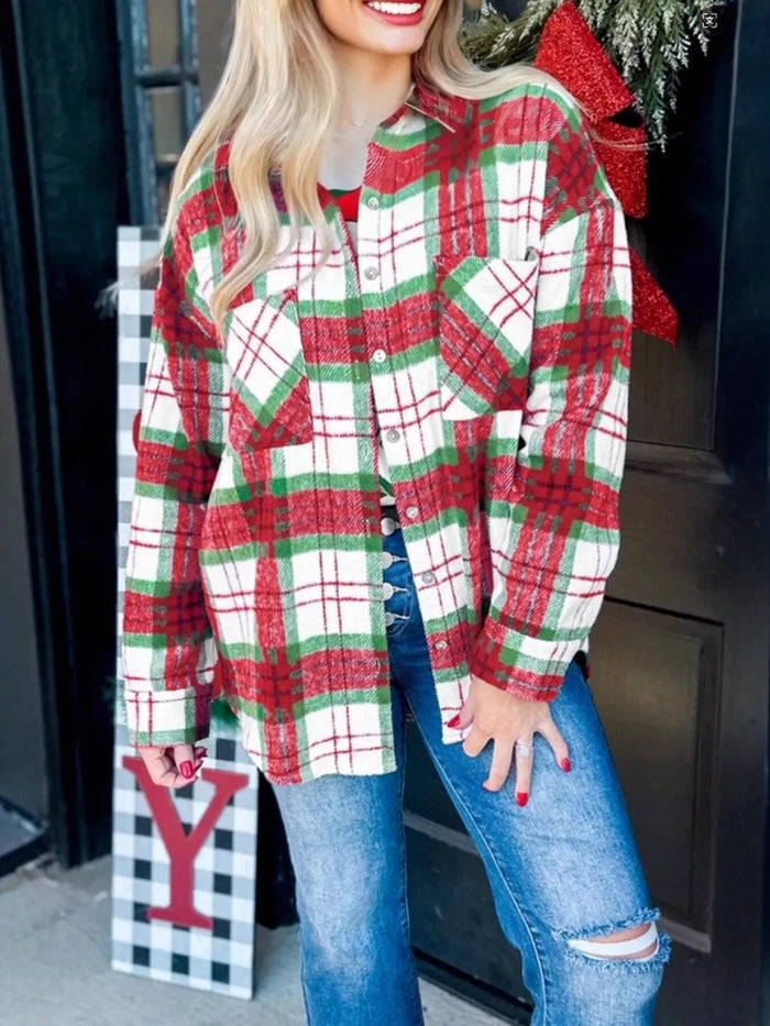 Plaid Button-Down Long Sleeve Shacket in Red